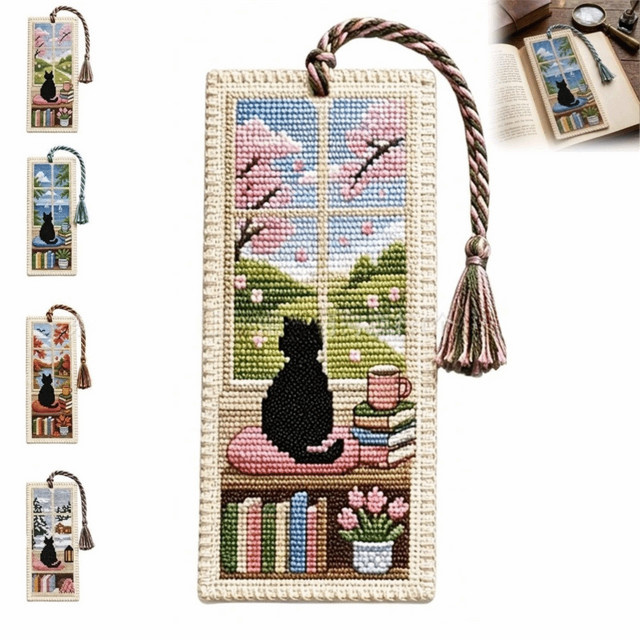 Saisonales Katzen-Kreuzstich-Lesezeichen-Bastelset in Multicolour mit geflochtenem Seil für Buchliebhaber - Bild 1