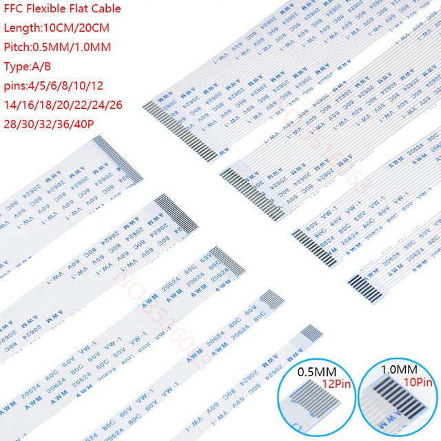 ALINSIN FFC Flexibles Flachkabel Set in Weiß, verschiedene Längen und Pin-Anzahlen, Rastermaß 0,5 mm oder 1,0 mm, Typ A/B, 10 Stück - Bild 1