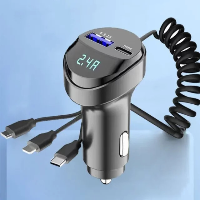55 W 3-in-1 Autoladegerät mit 2 USB-Ports, Spannungsanzeige und einziehbarem Kabel in Schwarz - Bild 1