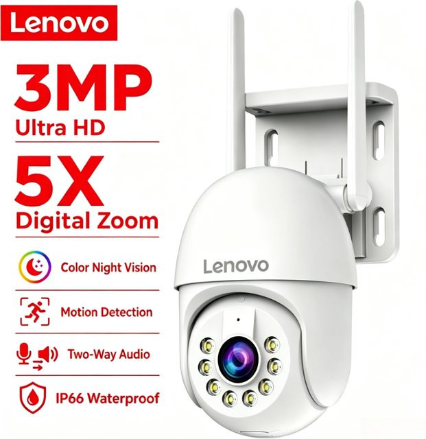 Lenovo Smart Wifi PTZ Outdoor IP Kamera mit 3MP HD, 5x Digital Zoom, Auto Tracking und ONVIF, Weiß - Bild 1