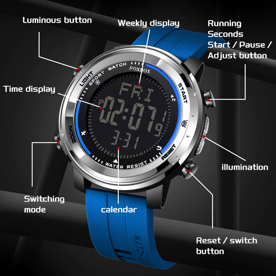 FOXBOX Digitaluhr, Quarz, Kunststoff, Silikon, Schwarz, Herren - Bild 3