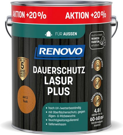 RENOVO Dauerschutzlasur PLUS Holzlasur Teak 8412 Braun 4,8 l - Bild 1