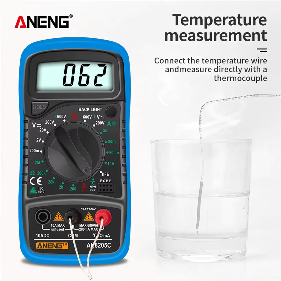 ANENG AN8205C Digitales Multimeter mit LCD-Hintergrundbeleuchtung und Thermoelement, AC/DC Amperemeter Volt Ohm Tester, Blau - Bild 3