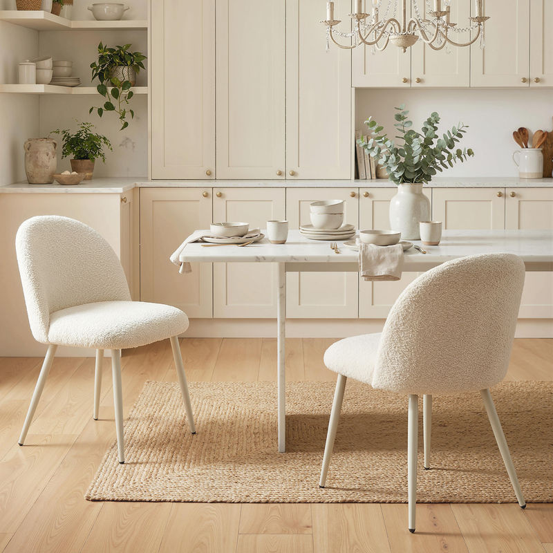 HOMCOM 2er Set Esszimmerstühle in Chenille-Optik mit Rückenlehne und Metallbeinen, Skandi Polsterstühle für Esszimmer, Küche oder Wohnzimmer, Cremeweiß - Bild 2