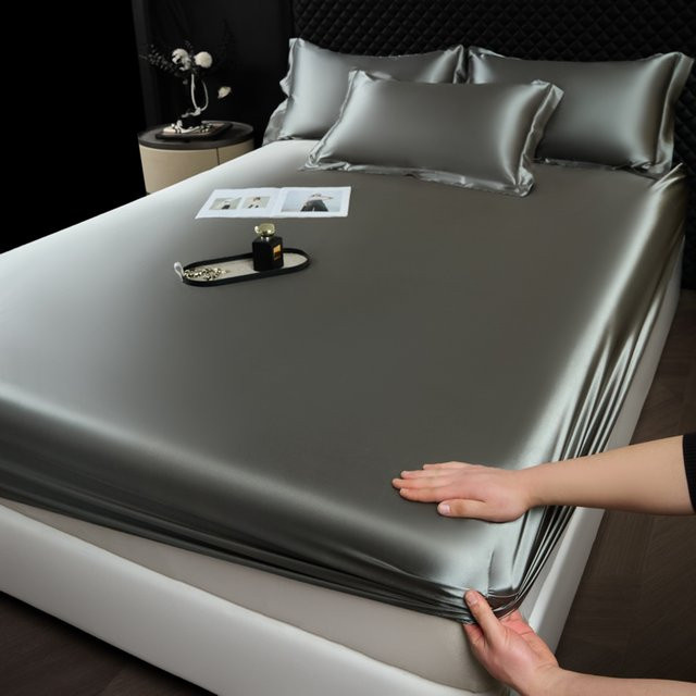 Monnom Satin-Spannbettlaken aus Rayon und Viskose in Grau mit elastischem Band - Bild 1