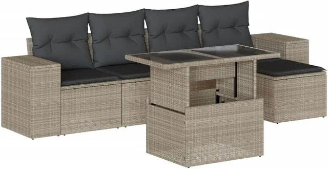 vidaXL 6-teilige Garten-Sofagarnitur aus Polyrattan in Hellgrau mit UV-beständigen Kissen und Metallrahmen - Bild 1