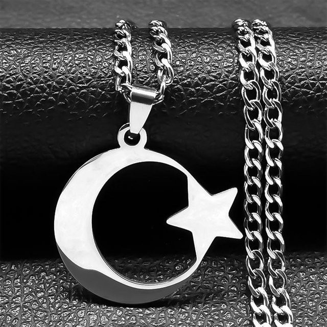 Halskette mit Anhänger Stern Mond, Edelstahl, Silber, Zirkonia, Unisex - Bild 1