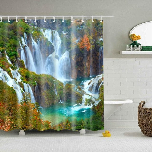 Wasserdichter Duschvorhang mit 3D-Wald-Motiv in Grün und Grau, inklusive Haken, B/H: 90 x 180 cm - Bild 1