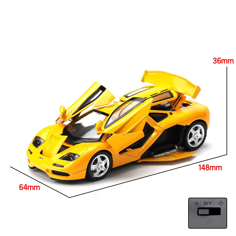 MAKEDA McLaren F1 Supercar Modellauto aus Metall im Maßstab 1:32 in Gelb mit Sound und Licht - Bild 4