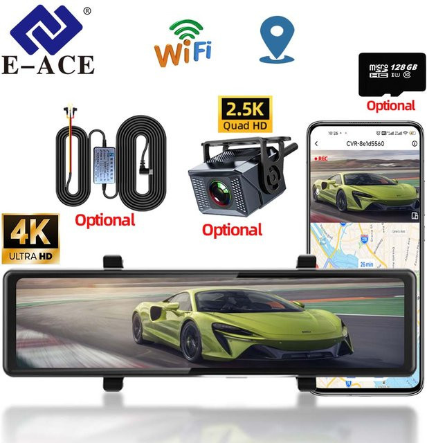 E-ACE 12 Zoll Auto-Dashcam mit 4K UHD Auflösung, GPS und WLAN, inklusive 24H Parküberwachung, Schwarz - Bild 1