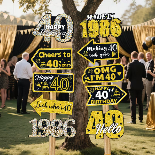 OURFETE Foto-Requisiten für den 40. Geburtstag in Schwarz und Gold mit Glitzer-Effekt und Vintage 1986 Design - Bild 1