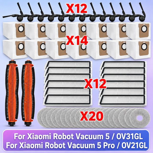 OSSIEAO Zubehör-Set für Xiaomi Robot Vacuum 5 und 5 Pro in Multicolour mit Tricut Haupt- und Seitenbürsten, Filtern, Wischmopp-Tüchern und Beuteln - Bild 1