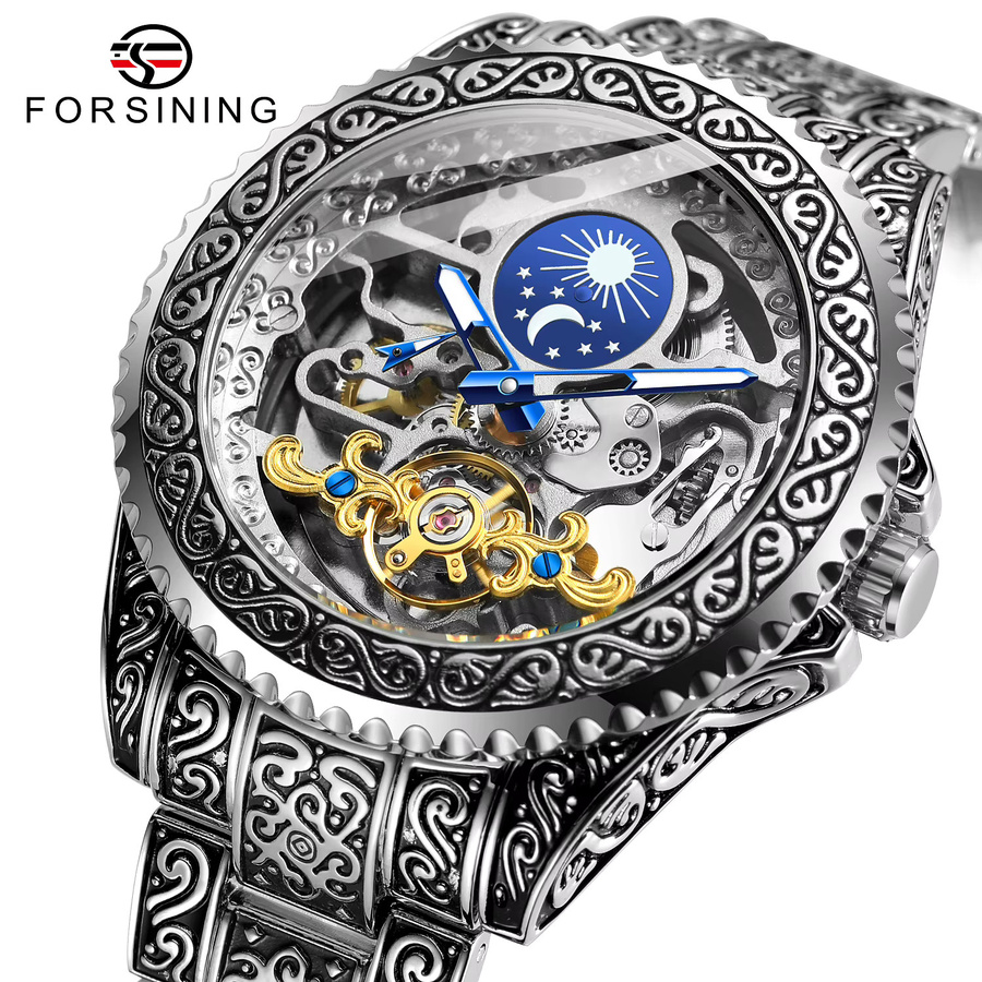 Forsining Armbanduhr Automatik, Edelstahl, Mondphase, Schwarz, Herren - Bild 2