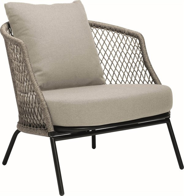 Stern Lounge-Sessel Odea aus Aluminium in Schwarz Matt mit Kordel in Salt und Kissen aus Outdoorstoff in Cream - Bild 1