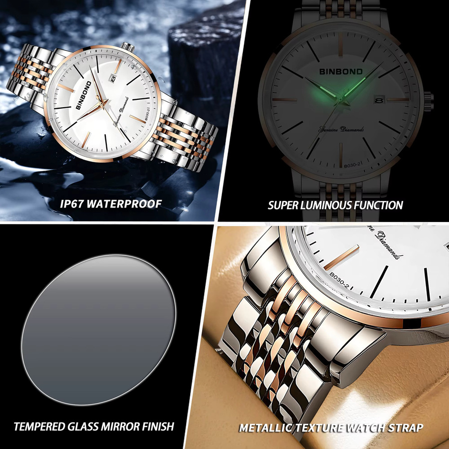 BINBOND Armbanduhr Quarz, Edelstahl, Bicolor, Weiß, Herren - Bild 6