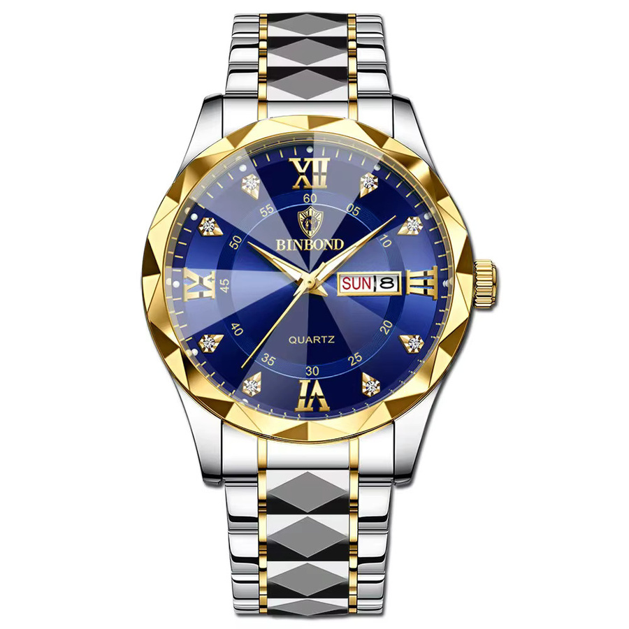 BINBOND Armbanduhr Quarz, Edelstahl, Blau, Gold, Datum, Unisex - Bild 2