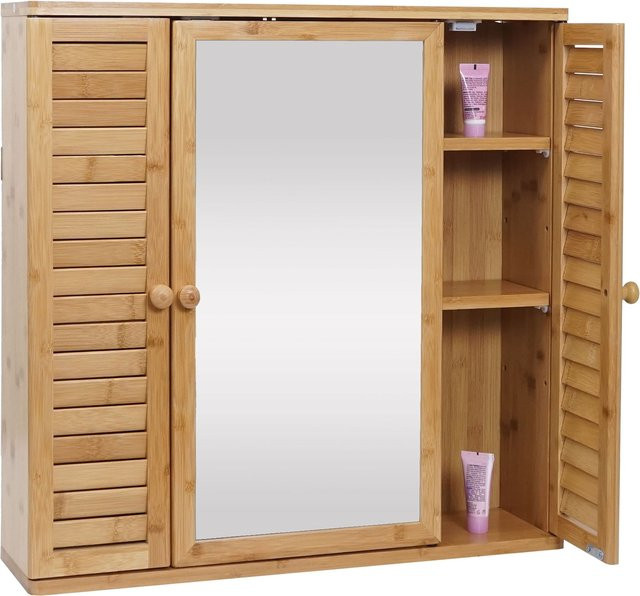 MCW Spiegelschrank MCW-B18 aus Bambus in Braun mit 3 Türen und 3 Regalböden, B/T/H: 60 x 15 x 60 cm - Bild 1