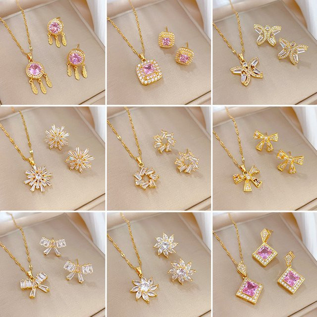 ANENJERY Schmuck-Set, Halskette, Ohrringe, Gold, Zirkonia, Damen - Bild 1