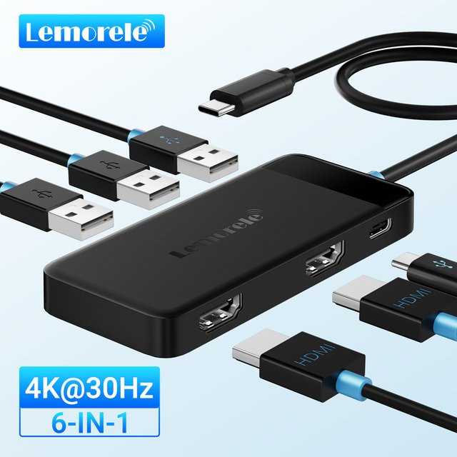Lemorele USB C Hub 6-in-1 Dockingstation in Schwarz mit 2 HDMI 4K Anschlüssen und PD 100W USB 3.0 Splitter Adapter für MacBook Pro und Air - Bild 1