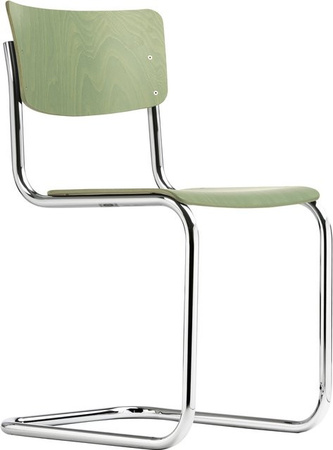Thonet S 43 Freischwinger mit Metallgestell und Holzdetails in Silber und Grün