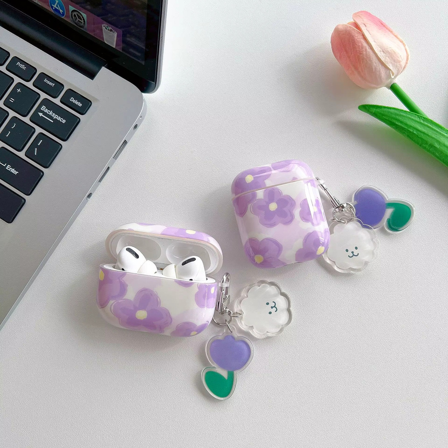 Silikon Schutzhülle für AirPods Pro 2 und AirPods 3 mit niedlichem koreanischem Bären und Tulpen-Blumenmuster in Lila - Bild 2