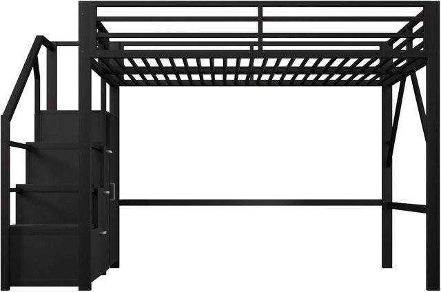 Merax Hochbett aus Metall mit Kleiderschrank, LED-Unterbettbeleuchtung und Treppe in Schwarz - Bild 1