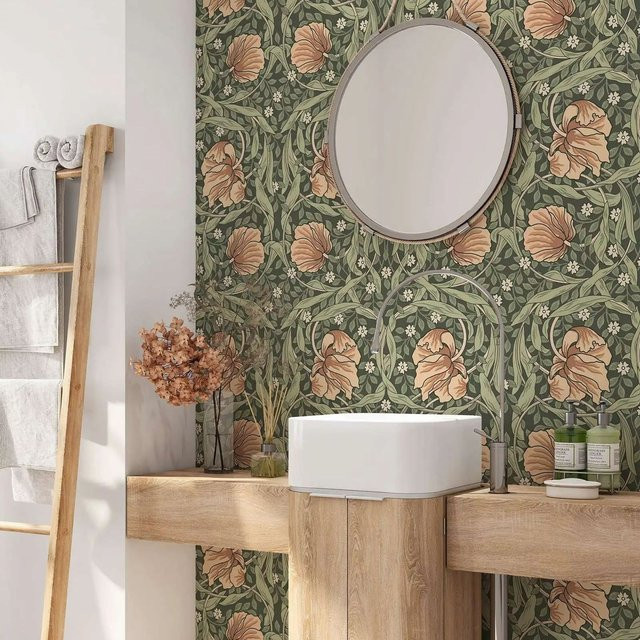 Pixel&Wall Tapete William Morris mit grünem Laub und floralem Vintage-Blumenmuster im Art Nouveau Stil, selbstklebend oder ungepastet - Bild 1