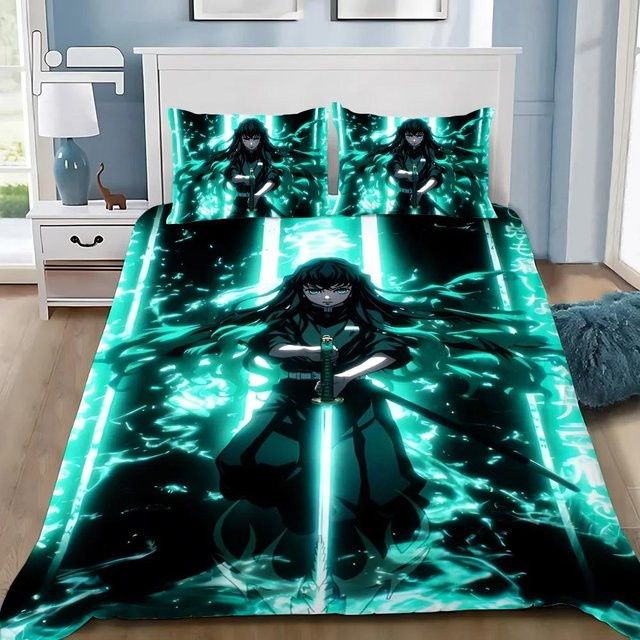 Bettwäscheset Yiran Home Anime Muichiro Tokito mit Bettbezug und Kissenbezug, Blau, B/H: 200 x 220 cm - Bild 1