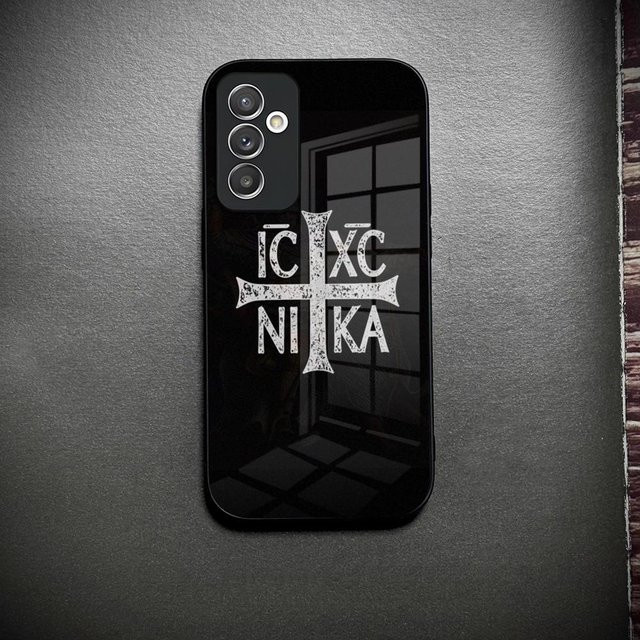 Handyhülle mit Orthodoxes Kreuz I-Icon aus Glas für Samsung Galaxy S26 S25 S24 S23 S22 S21 S20 Ultra Plus FE A34 A15 A14 in Schwarz - Bild 1