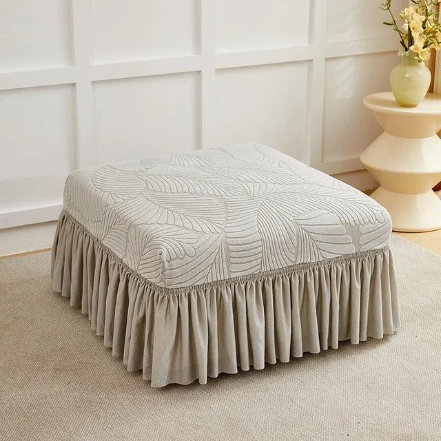 Jacquard quadratischer Hockerbezug mit Schürze in Beige für deine Wohnzimmerdekoration - Bild 1