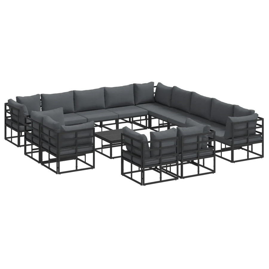 vidaXL Garten-Sofa-Set in U-Form aus pulverbeschichtetem Aluminium mit Kissen, 14-teilig, Schwarz - Bild 2