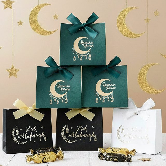 5 Stück Mini-Deluxe-Eid-Geschenkboxen aus Papier in Gold und Grün mit Laternen- und Mondmotiven für Süßigkeiten - Bild 1