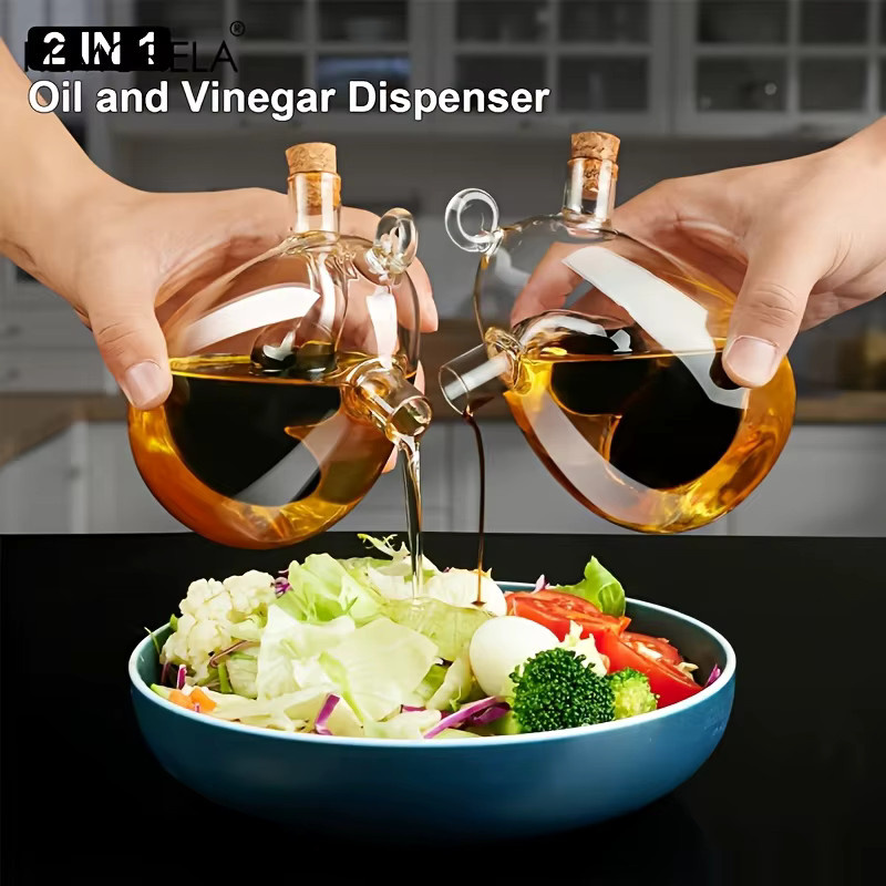 KEMORELA Spenderflasche aus Glas mit Korkstopfen, transparentes Ölglas mit ergonomischem Griff für Olivenöl und Essig, 350 ml - Bild 2