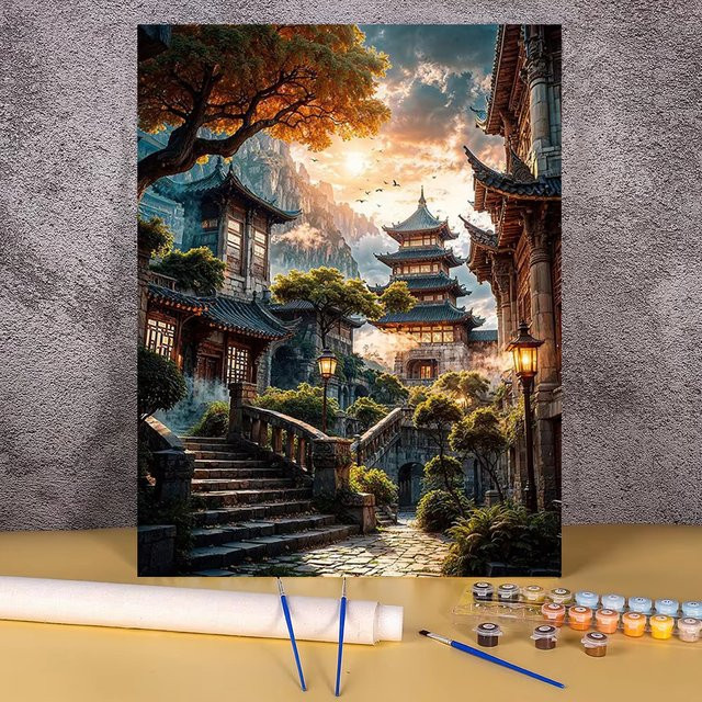 Chinesisches DIY Malen nach Zahlen Komplettset, Landschaftsmalerei, Leinwand - Bild 1