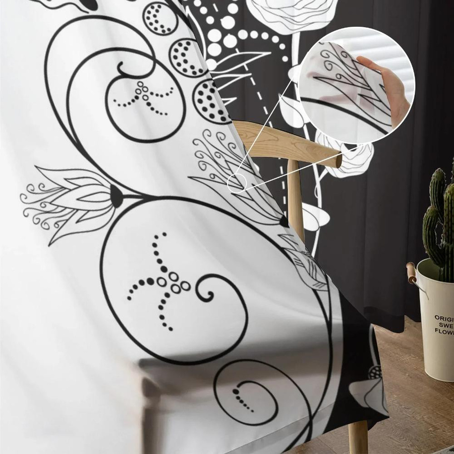 Yiran Furniture Transparentes Tüll-Fenstervorhang mit Blumenmuster in Schwarz-Weiß, Organza Voile Vorhang mit Ösen, B: 135 cm, H: 115 cm - Bild 2