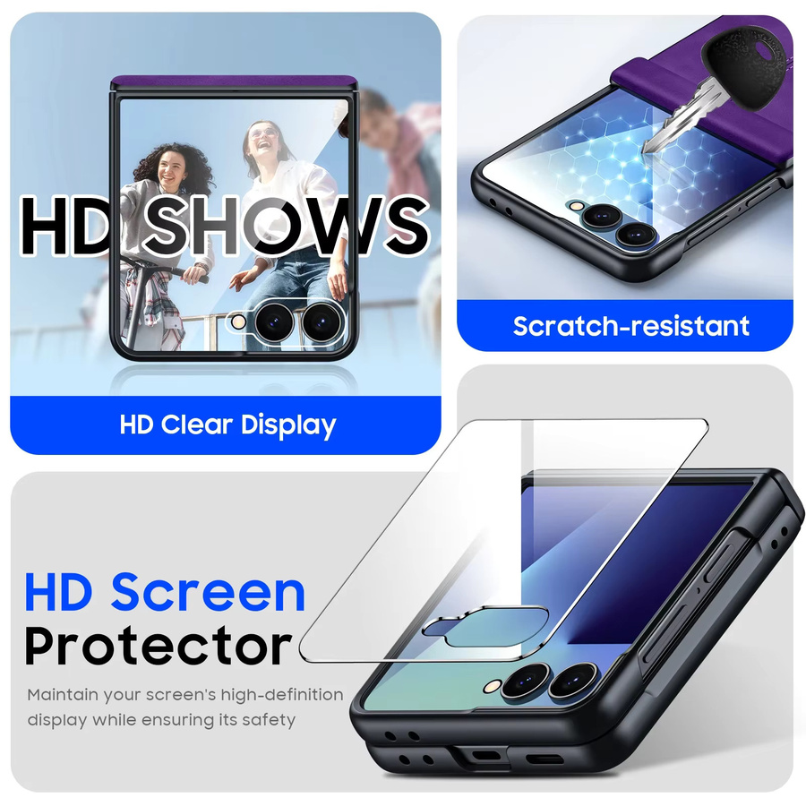 BANGZAO Schutzhülle für Galaxy Z Flip 6, Z Flip 7 und Z Flip 7FE mit integriertem Displayschutz und Scharnierschutz, ultradünne matte PU-Leder Handyhülle, Lila - Bild 3