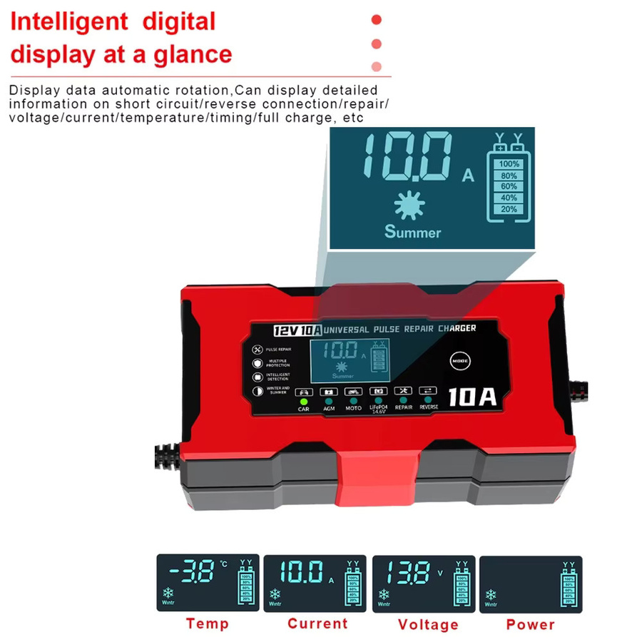 Smart Auto Batterie Ladegerät mit LCD Display, 12V 10A Puls Reparatur Ladegerät für LiFePO4, Blei-Säure, AGM, GEL und PB Lithium-Batterien, Farbe: Rot - Bild 4