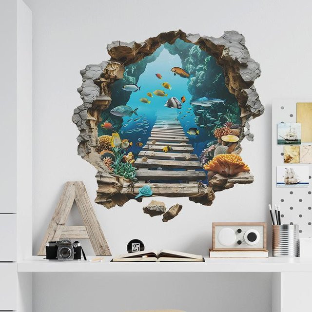 Binchi Wandbildaufkleber Meeresboden-Motiv in Blau und Weiß für Wohnzimmer, Kinderzimmer oder Badezimmer, B/H: 60 x 60 cm - Bild 1