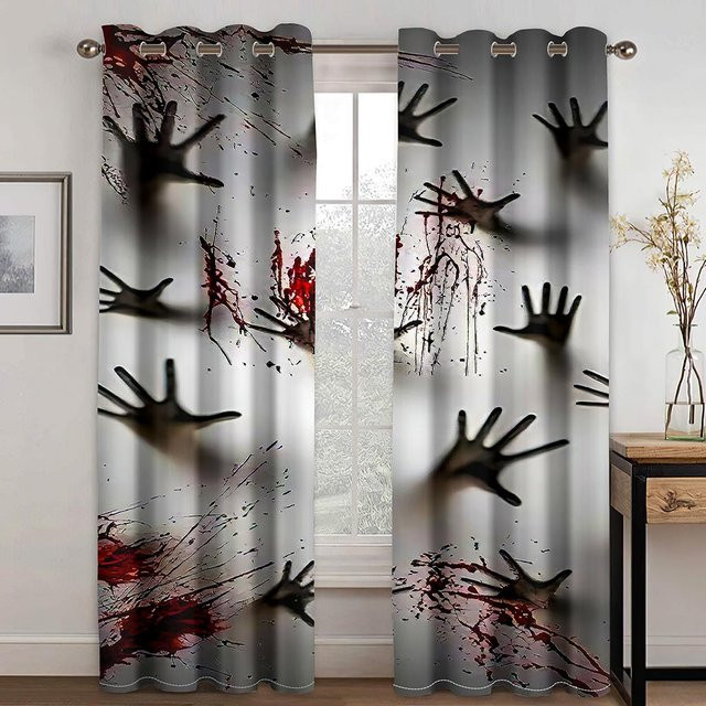 Halloween Fenster Vorhänge mit 3D Horrorfilm Skelett Muster, 2er Set, semi-transparent, Weiß, B: 100 cm, H: 130 cm - Bild 1