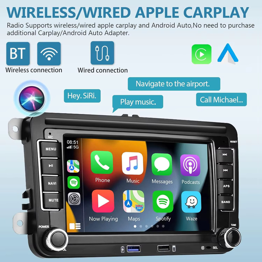 Gearelec 2 DIN Android 13 Autoradio mit 7 Zoll Display, Multimedia-Player mit Wi-Fi, GPS und CarPlay in Schwarz, kompatibel mit VW, Skoda, Golf 5/6, Touran, Passat und Jetta - Bild 2