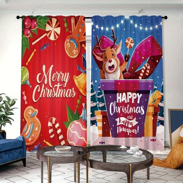 2-teiliges Set Weihnachts- und Grünblatt-Vorhänge mit Digitaldruck, halbtransparent, mehrfarbig, Breite: 65 cm, Höhe: 60 cm - Bild 1