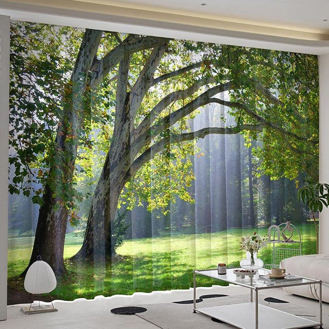 Yiran Furniture Vorhänge mit Naturmotiv Wald und Rasen, 2er-Set, Grün, semi-transparent, Breite: 70 cm, Höhe: 165 cm - Bild 1