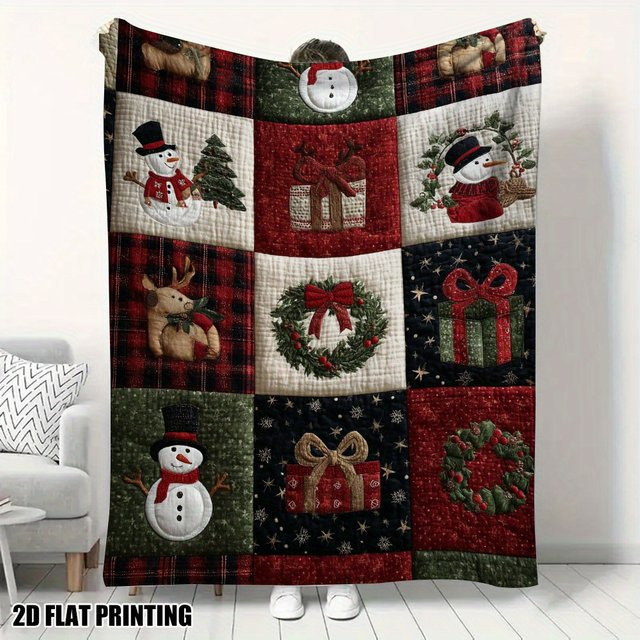 VIKAMA Weihnachtsdecke mit Schneemann, Rentier und Weihnachtsbaum, weich und flauschig, Patchwork-Design, Multicolour, B/T: 90 x 75 cm - Bild 1