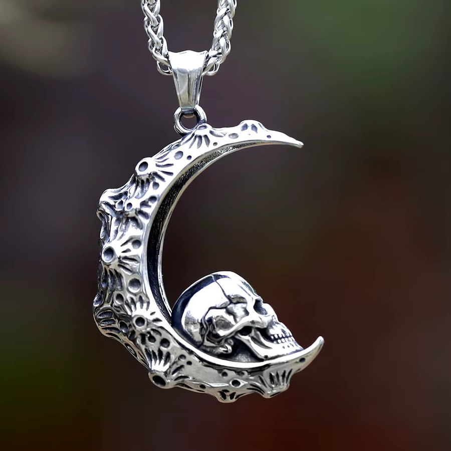 Halskette Edelstahl, 3D Mond Schädel Anhänger, Silber, Herren - Bild 2