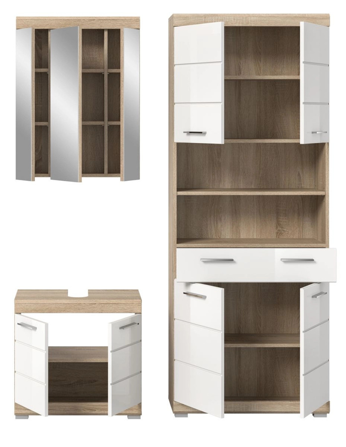 Inn.Furn Badmöbel Set Mambo 3-teilig in Weiß Hochglanz und Eiche mit Waschtischunterschrank, Spiegelschrank und Hochschrank - Bild 4