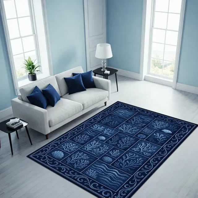 Ozean-Teppich im Boho-Stil mit blauem Aquarell-Design und Diamant-Gitter-Muster, rechteckig - Bild 1