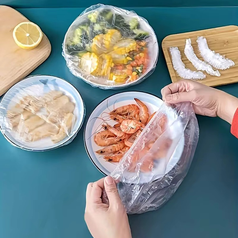100 Stück transparente Einweg-Kunststofffolie aus lebensmittelechtem Kunststoff zur Aufbewahrung von Obst und Gemüse sowie als Staubschutz für Schüsseln und Teller - Bild 2