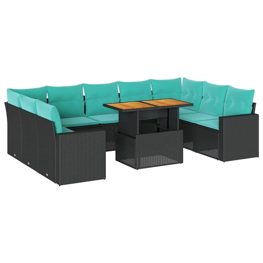 vidaXL 10-teilige Garten-Sofagarnitur aus Poly-Rattan und Akazienholz in Schwarz mit blauen Kissen - Bild 2