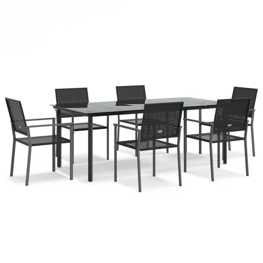 vidaXL 7-teilige Garten-Essgruppe aus Poly Rattan und Stahl in Schwarz mit gehärtetem Glas, B/T/H: 200 x 100 x 75 cm (Tisch) und 62,5 x 50 x 45 cm (Stuhl) - Bild 2