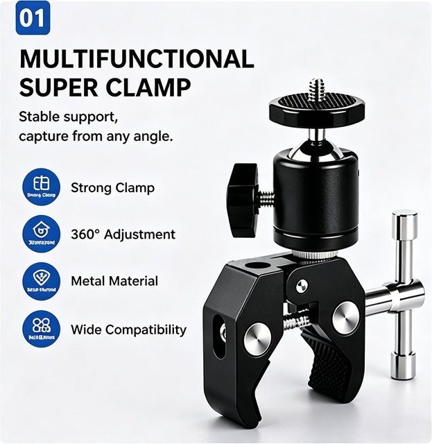 Chrisley 360 Grad Super-Klemme Kamerahalterung mit Mini-Kugelkopf und 1/4-Zoll-Schraube in Schwarz für DSLR und GoPro - Bild 1